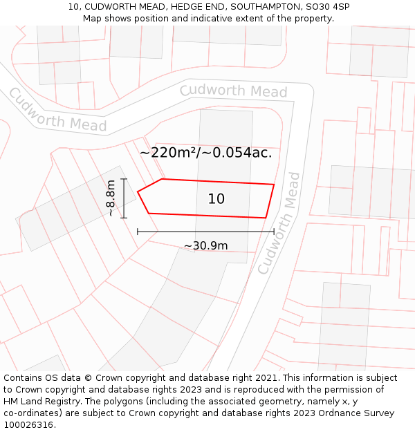 10, CUDWORTH MEAD, HEDGE END, SOUTHAMPTON, SO30 4SP: Plot and title map