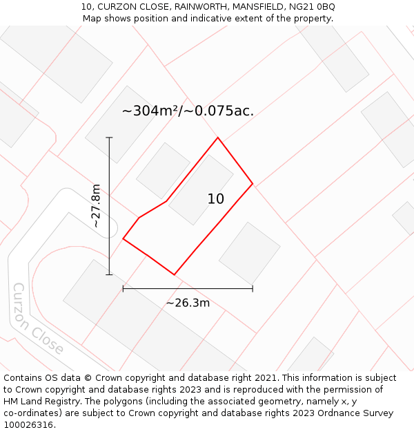 10, CURZON CLOSE, RAINWORTH, MANSFIELD, NG21 0BQ: Plot and title map