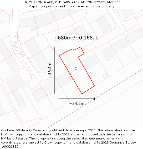 10, CURZON PLACE, OLD FARM PARK, MILTON KEYNES, MK7 8RB: Plot and title map