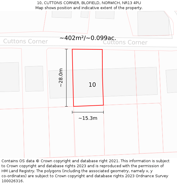 10, CUTTONS CORNER, BLOFIELD, NORWICH, NR13 4PU: Plot and title map