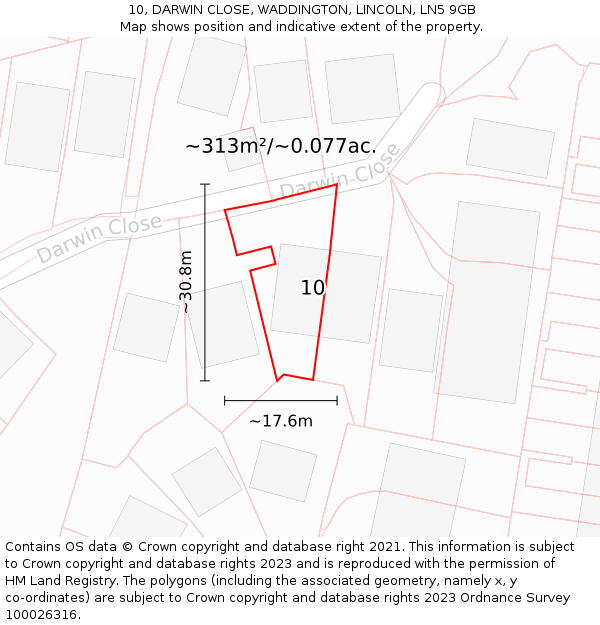 10, DARWIN CLOSE, WADDINGTON, LINCOLN, LN5 9GB: Plot and title map