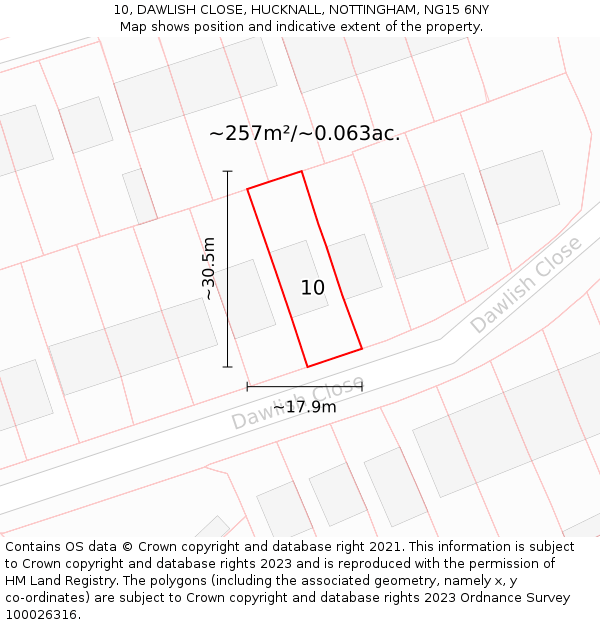 10, DAWLISH CLOSE, HUCKNALL, NOTTINGHAM, NG15 6NY: Plot and title map