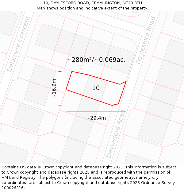 10, DAYLESFORD ROAD, CRAMLINGTON, NE23 3FU: Plot and title map