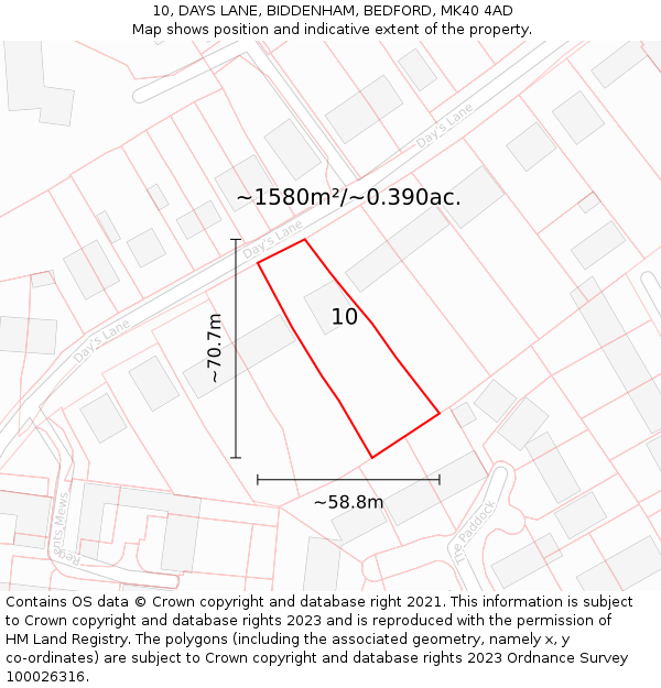 10, DAYS LANE, BIDDENHAM, BEDFORD, MK40 4AD: Plot and title map