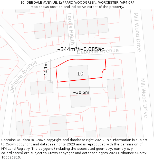 10, DEBDALE AVENUE, LYPPARD WOODGREEN, WORCESTER, WR4 0RP: Plot and title map