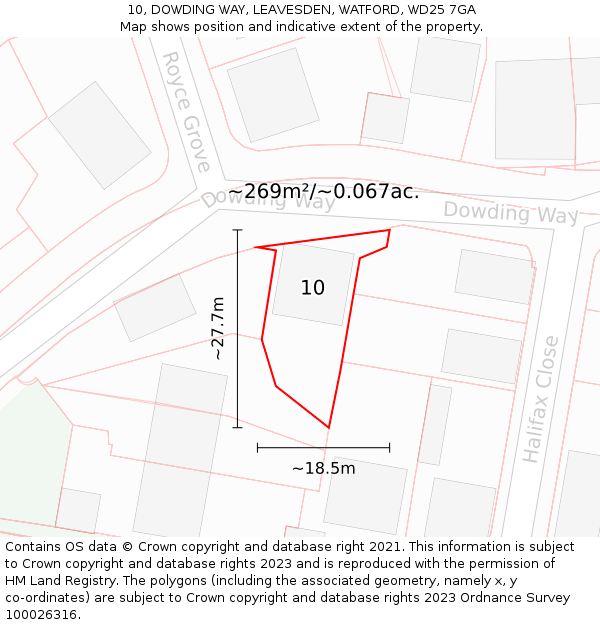 10, DOWDING WAY, LEAVESDEN, WATFORD, WD25 7GA: Plot and title map