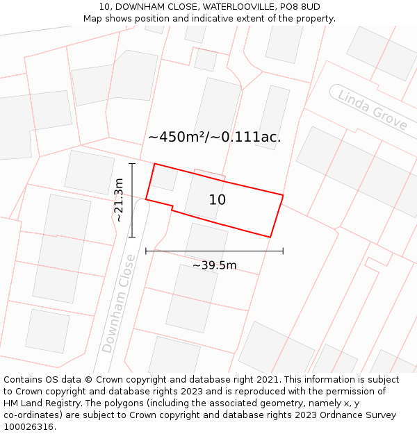 10, DOWNHAM CLOSE, WATERLOOVILLE, PO8 8UD: Plot and title map