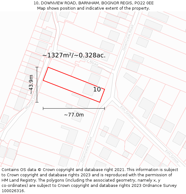 10, DOWNVIEW ROAD, BARNHAM, BOGNOR REGIS, PO22 0EE: Plot and title map