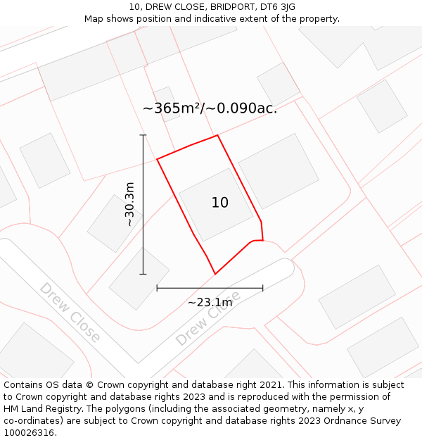 10, DREW CLOSE, BRIDPORT, DT6 3JG: Plot and title map