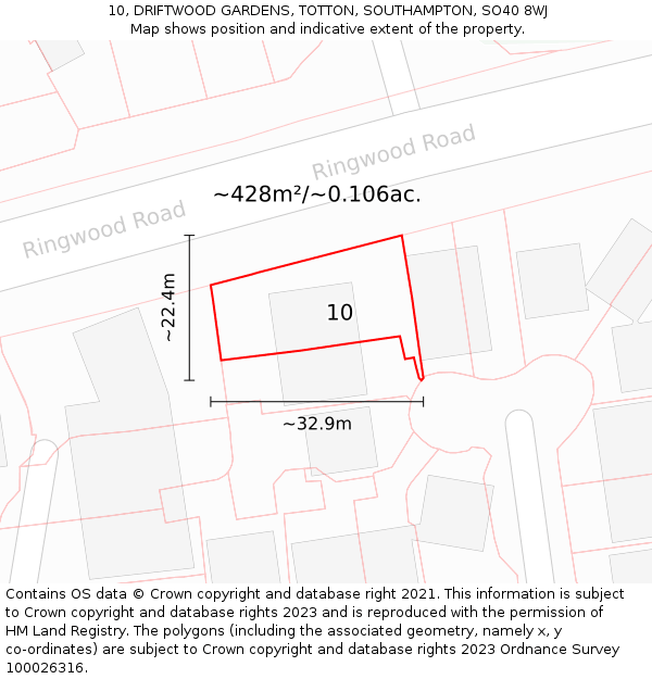 10, DRIFTWOOD GARDENS, TOTTON, SOUTHAMPTON, SO40 8WJ: Plot and title map