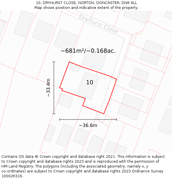 10, DRYHURST CLOSE, NORTON, DONCASTER, DN6 9LL: Plot and title map