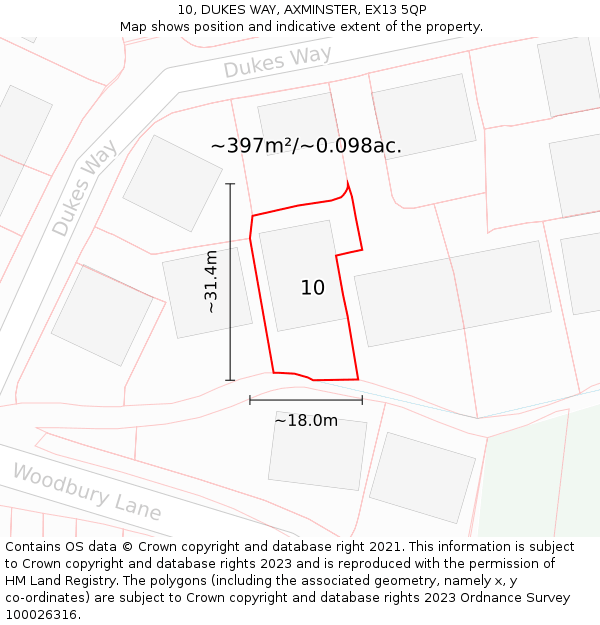 10, DUKES WAY, AXMINSTER, EX13 5QP: Plot and title map