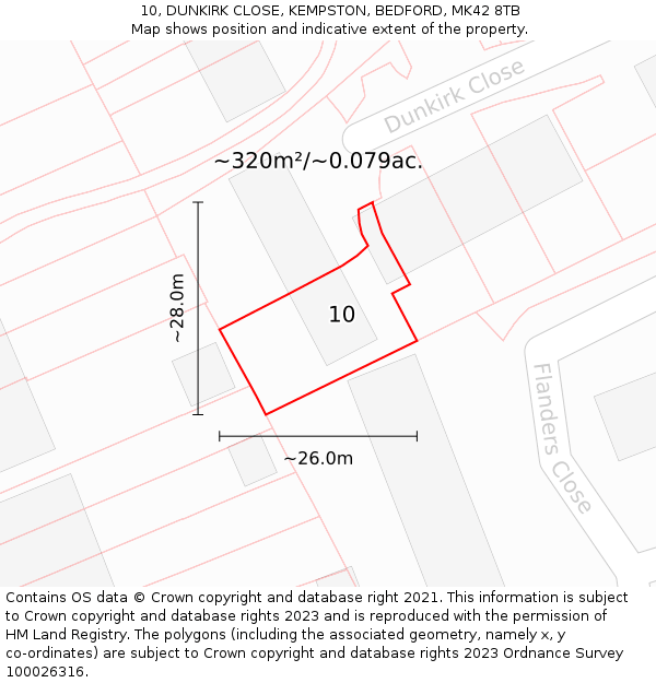 10, DUNKIRK CLOSE, KEMPSTON, BEDFORD, MK42 8TB: Plot and title map