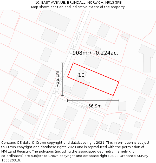 10, EAST AVENUE, BRUNDALL, NORWICH, NR13 5PB: Plot and title map
