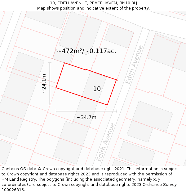 10, EDITH AVENUE, PEACEHAVEN, BN10 8LJ: Plot and title map