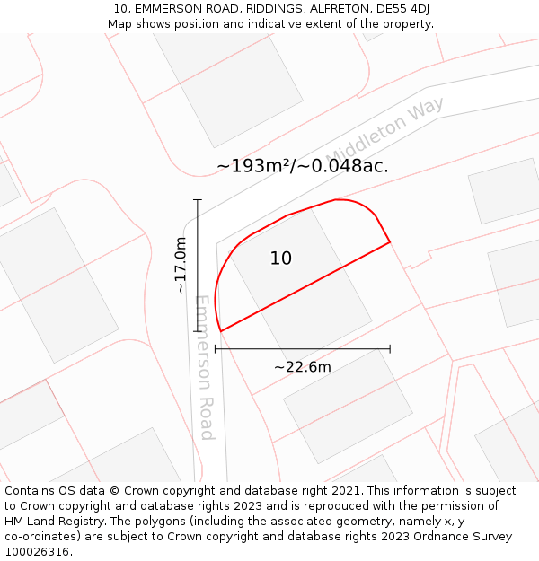 10, EMMERSON ROAD, RIDDINGS, ALFRETON, DE55 4DJ: Plot and title map