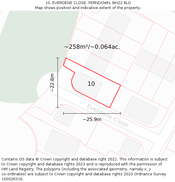 10, EVERDENE CLOSE, FERNDOWN, BH22 8LG: Plot and title map