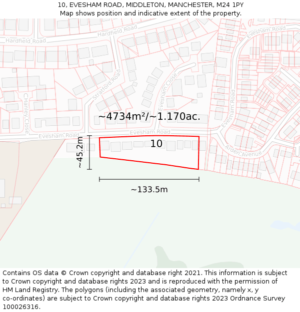 10, EVESHAM ROAD, MIDDLETON, MANCHESTER, M24 1PY: Plot and title map