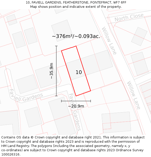 10, FAVIELL GARDENS, FEATHERSTONE, PONTEFRACT, WF7 6FF: Plot and title map