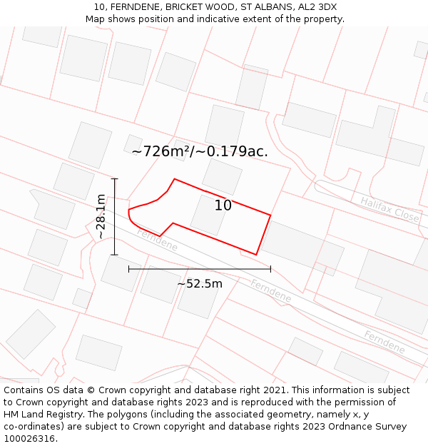 10, FERNDENE, BRICKET WOOD, ST ALBANS, AL2 3DX: Plot and title map