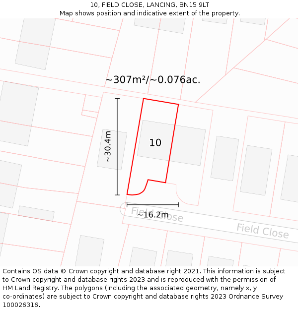 10, FIELD CLOSE, LANCING, BN15 9LT: Plot and title map