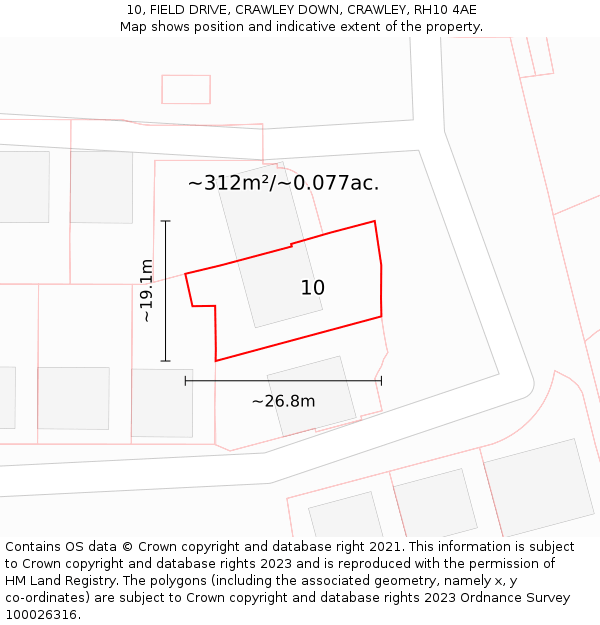 10, FIELD DRIVE, CRAWLEY DOWN, CRAWLEY, RH10 4AE: Plot and title map