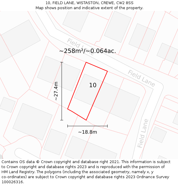 10, FIELD LANE, WISTASTON, CREWE, CW2 8SS: Plot and title map