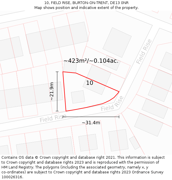 10, FIELD RISE, BURTON-ON-TRENT, DE13 0NR: Plot and title map