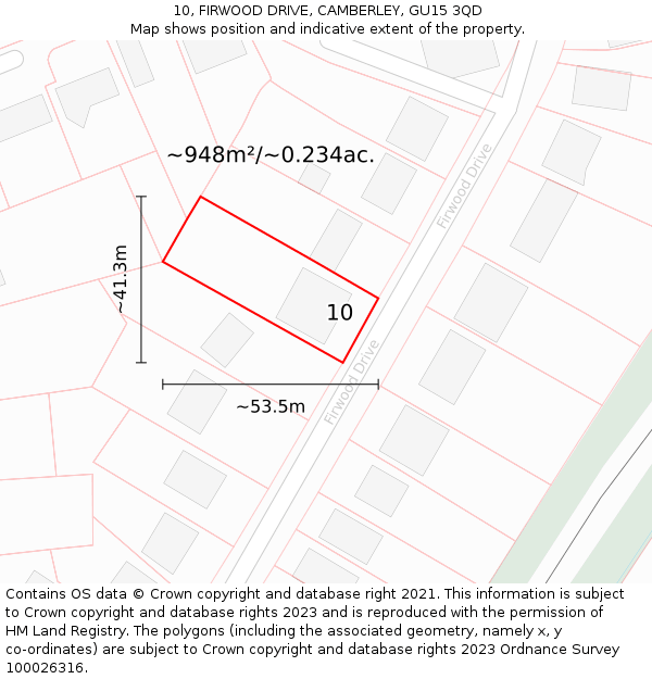 10, FIRWOOD DRIVE, CAMBERLEY, GU15 3QD: Plot and title map