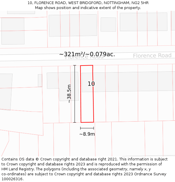 10, FLORENCE ROAD, WEST BRIDGFORD, NOTTINGHAM, NG2 5HR: Plot and title map