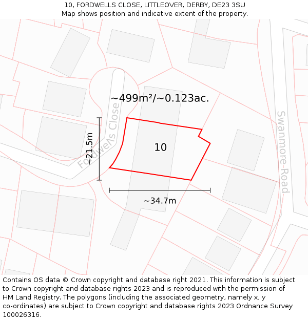 10, FORDWELLS CLOSE, LITTLEOVER, DERBY, DE23 3SU: Plot and title map