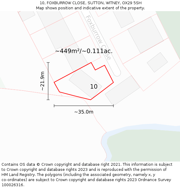 10, FOXBURROW CLOSE, SUTTON, WITNEY, OX29 5SH: Plot and title map