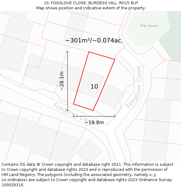 10, FOXGLOVE CLOSE, BURGESS HILL, RH15 8UY: Plot and title map