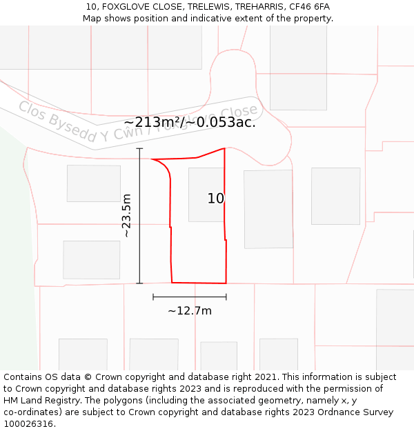 10, FOXGLOVE CLOSE, TRELEWIS, TREHARRIS, CF46 6FA: Plot and title map