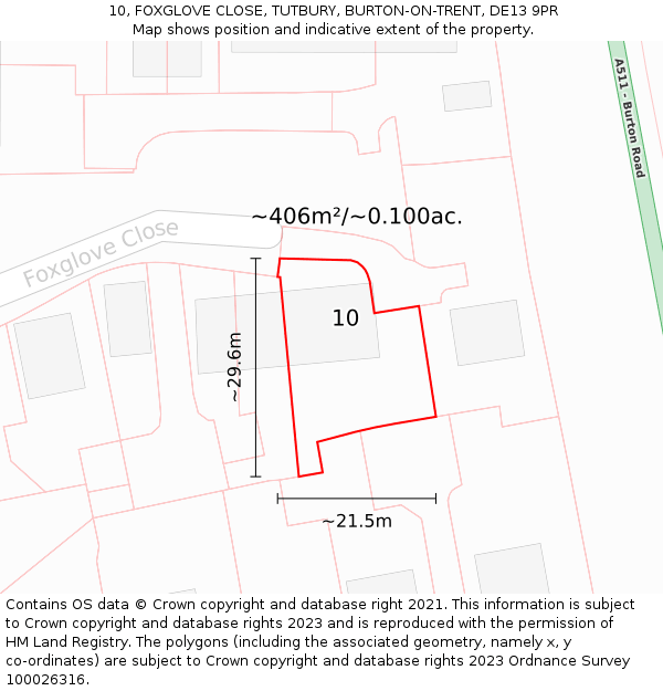 10, FOXGLOVE CLOSE, TUTBURY, BURTON-ON-TRENT, DE13 9PR: Plot and title map