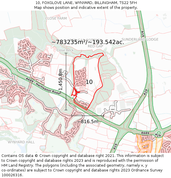 10, FOXGLOVE LANE, WYNYARD, BILLINGHAM, TS22 5FH: Plot and title map