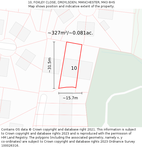 10, FOXLEY CLOSE, DROYLSDEN, MANCHESTER, M43 6HS: Plot and title map