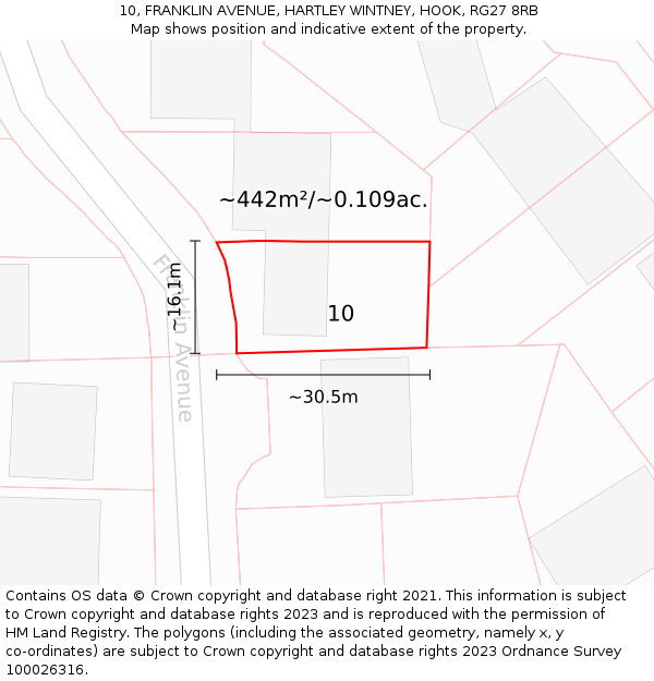 10, FRANKLIN AVENUE, HARTLEY WINTNEY, HOOK, RG27 8RB: Plot and title map