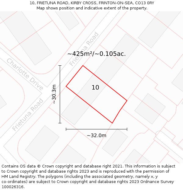 10, FRIETUNA ROAD, KIRBY CROSS, FRINTON-ON-SEA, CO13 0RY: Plot and title map