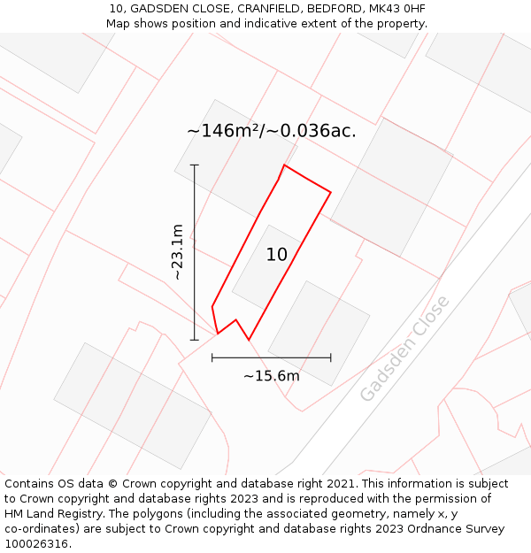 10, GADSDEN CLOSE, CRANFIELD, BEDFORD, MK43 0HF: Plot and title map