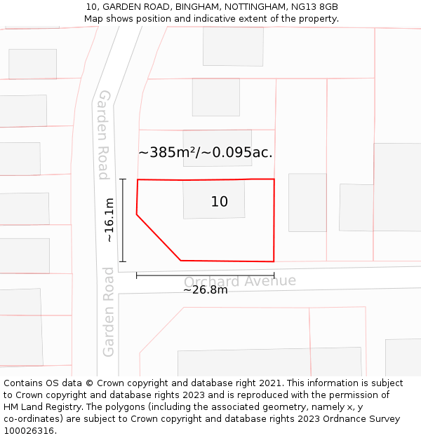 10, GARDEN ROAD, BINGHAM, NOTTINGHAM, NG13 8GB: Plot and title map