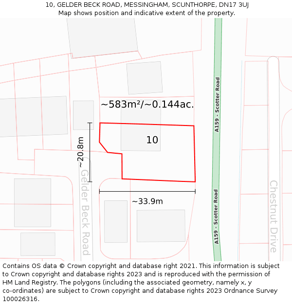 10, GELDER BECK ROAD, MESSINGHAM, SCUNTHORPE, DN17 3UJ: Plot and title map