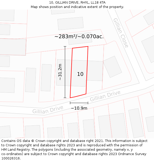 10, GILLIAN DRIVE, RHYL, LL18 4TA: Plot and title map