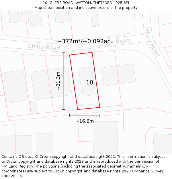 10, GLEBE ROAD, WATTON, THETFORD, IP25 6PL: Plot and title map