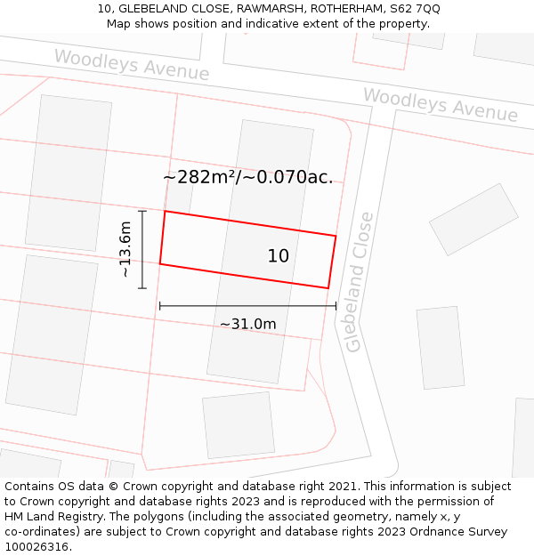 10, GLEBELAND CLOSE, RAWMARSH, ROTHERHAM, S62 7QQ: Plot and title map