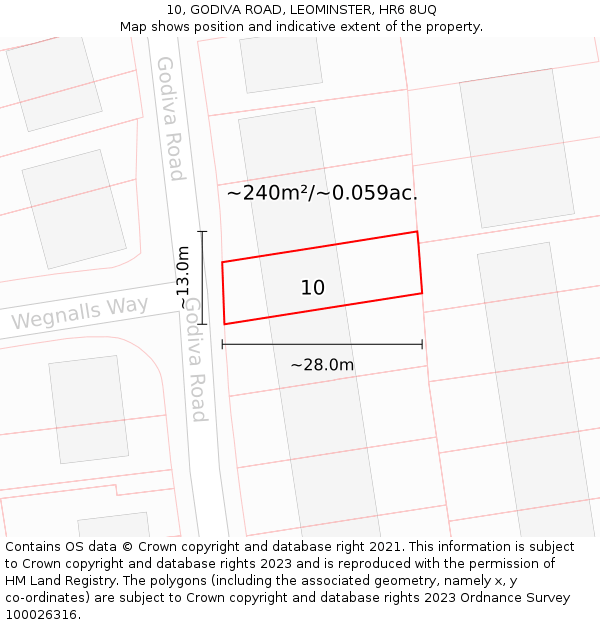 10, GODIVA ROAD, LEOMINSTER, HR6 8UQ: Plot and title map