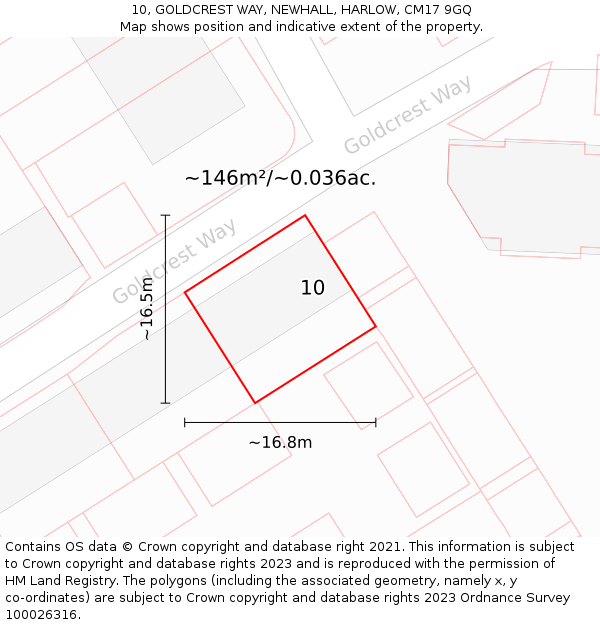 10, GOLDCREST WAY, NEWHALL, HARLOW, CM17 9GQ: Plot and title map