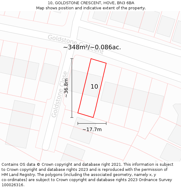 10, GOLDSTONE CRESCENT, HOVE, BN3 6BA: Plot and title map