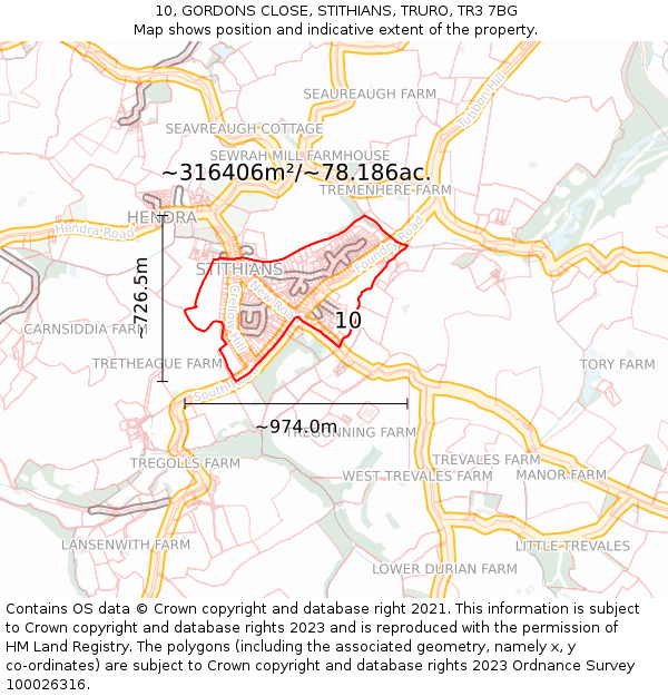 10, GORDONS CLOSE, STITHIANS, TRURO, TR3 7BG: Plot and title map
