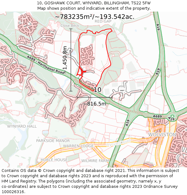 10, GOSHAWK COURT, WYNYARD, BILLINGHAM, TS22 5FW: Plot and title map